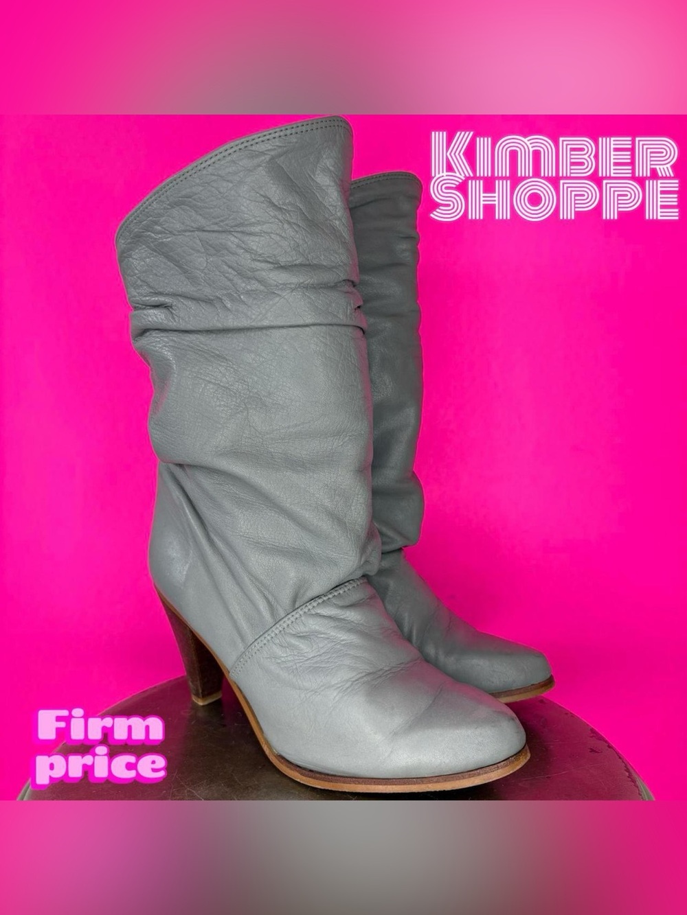Vintage Zodiac Gray Leather Mid Calf Heeled Slouch Boot US 7.5 UK 5